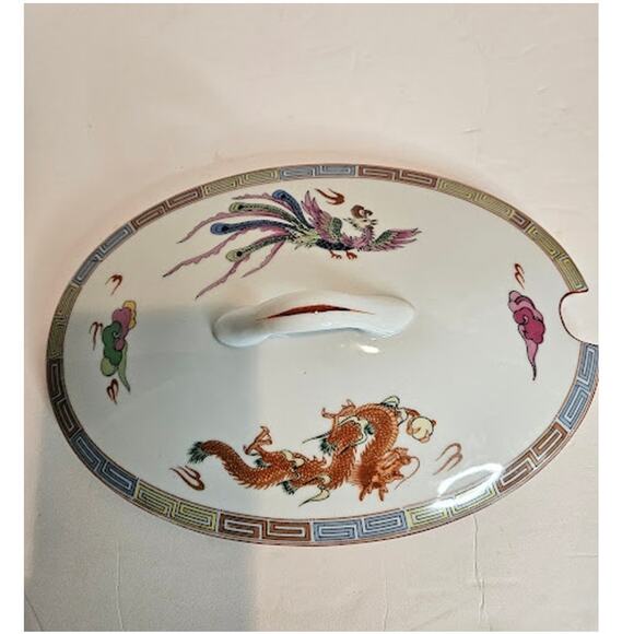 Nakazato Japanese Oval Casserole: Phoenix & Dragon Design Lidded Serving Bowl - Picture 2 of 11